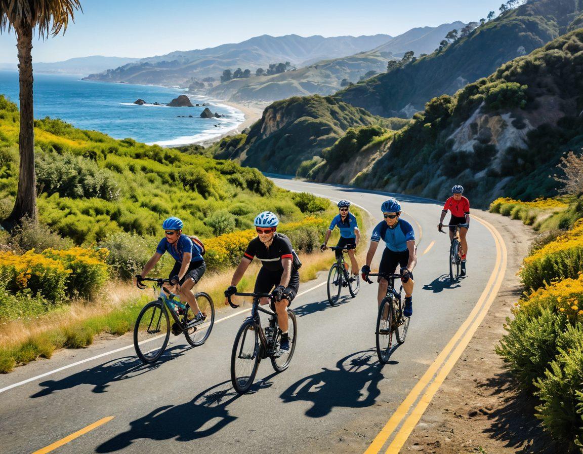 A diverse group of cyclists of all ages joyfully riding through a sunny California landscape, featuring scenic coastal roads, lush greenery, and vibrant wildflowers along the path. Include elements like bikes with unique designs, colorful helmets, and laughter among the riders, showcasing a strong sense of community and adventure. The background should highlight iconic California scenery, such as palm trees and distant mountains. vibrant colors. super-realistic.