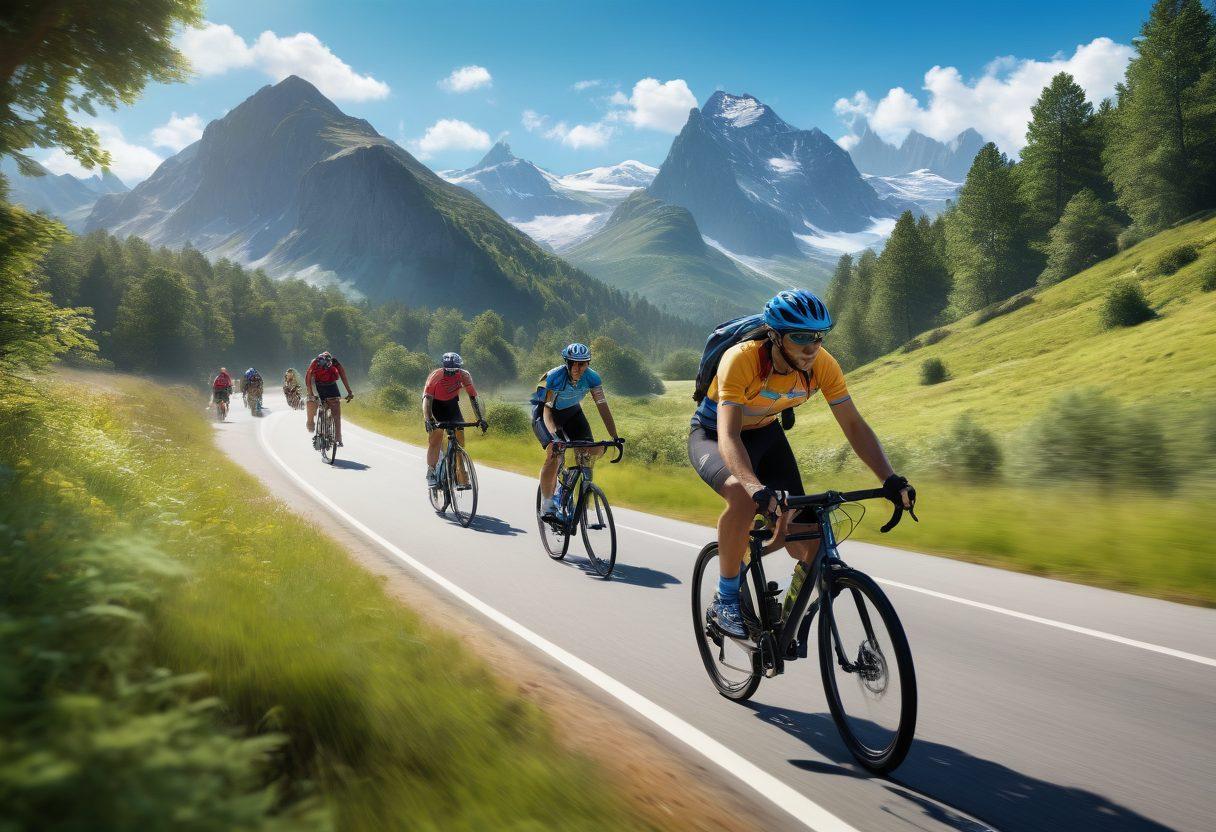 A dynamic scene of diverse cyclists racing through scenic landscapes, featuring mountains, forests, and roads. Show a variety of high-tech cycling gear and accessories like helmets, bikes, and hydration packs, with enthusiastic expressions on the riders' faces. Bright blue skies and lush greenery enhance the adventurous spirit. super-realistic. vibrant colors. energetic composition.