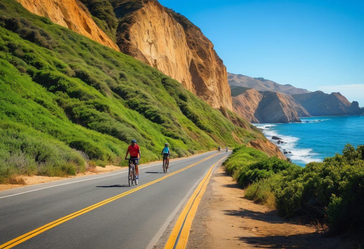 A scenic California landscape showcasing a vibrant biking trail winding through stunning coastal cliffs and lush green hills. Enthusiastic cyclists of diverse backgrounds riding their bikes, smiling and enjoying the adventure, with blue skies and the ocean in the background. Capture the essence of freedom and joy in biking. vibrant colors. super-realistic. natural scenery.
